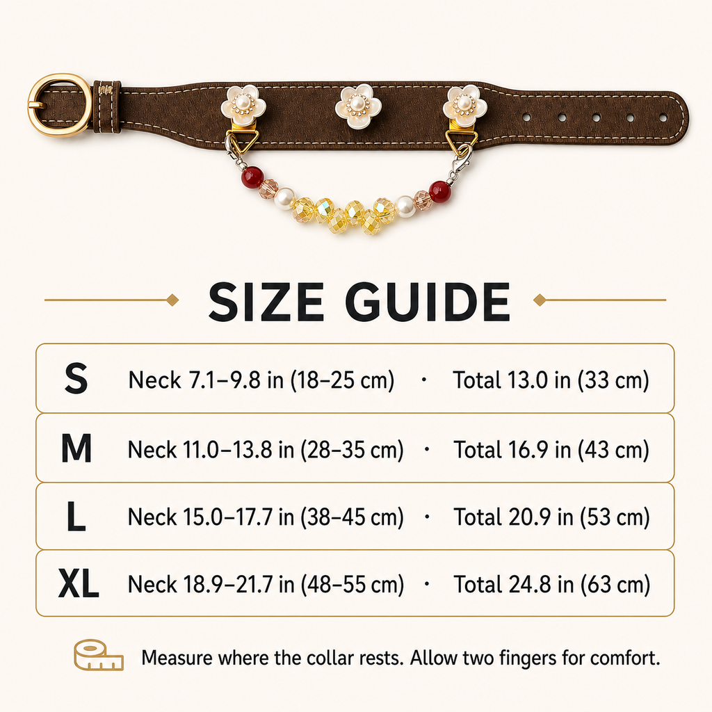 Brown floral dog collar size guide for S to XL neck measurements