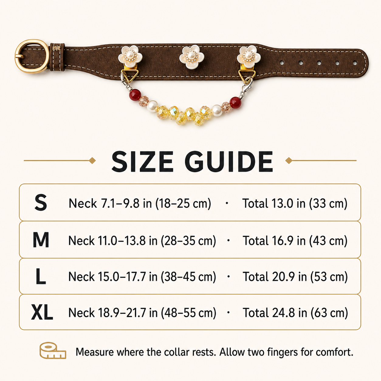 Brown floral dog collar size guide for S to XL neck measurements