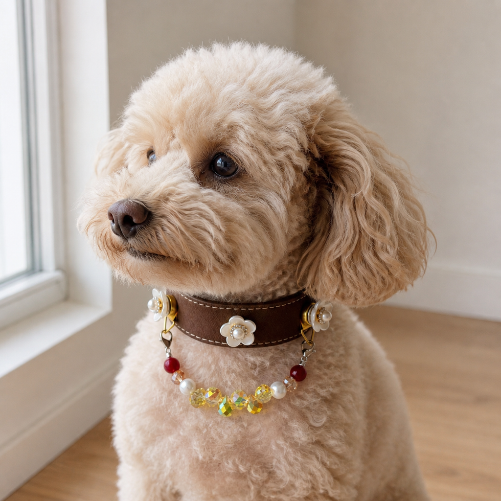 Cream curly-haired dog wearing a brown floral charm collar with multicolor bead strand indoors
