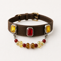 Brown dog collar with yellow, red and yellow rectangular charms and multicolor bead strand