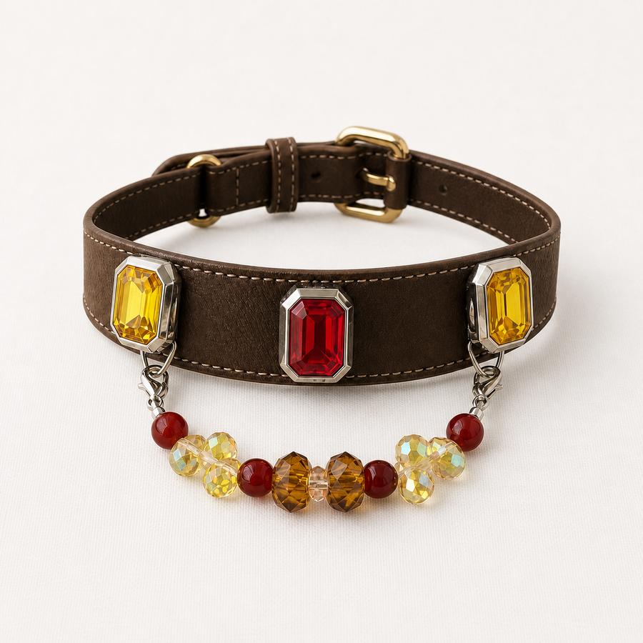 Brown dog collar with yellow, red and yellow rectangular charms and multicolor bead strand
