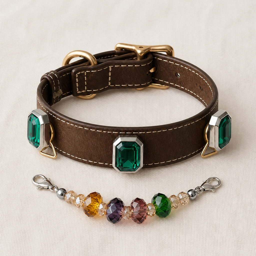Brown collar with green crystal charms shown beside its detachable multicolor bead strand