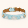 Aqua basketweave dog collar with seven blue and clear beads and gold-tone hardware