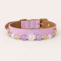 Lavender basketweave pet collar with white, purple and pale yellow bead strand