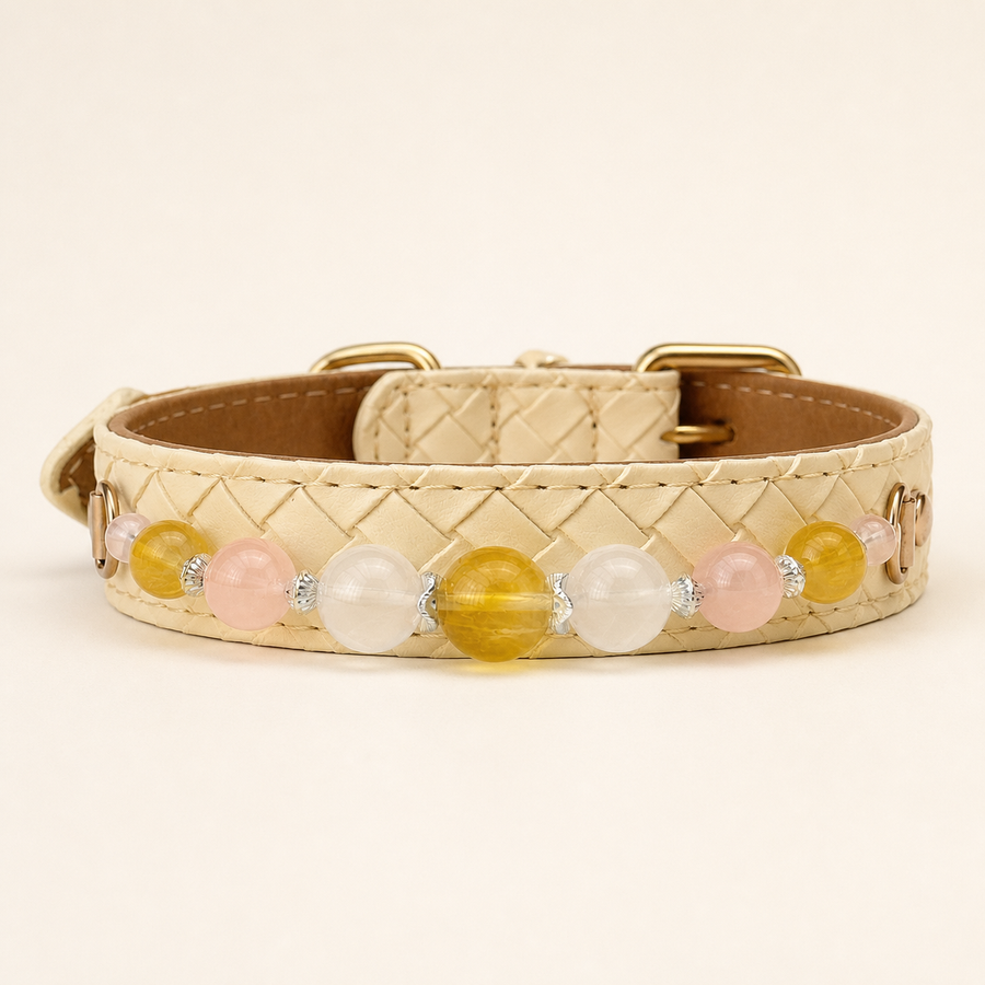 Ivory basketweave dog collar with nine yellow, white and blush-pink beads