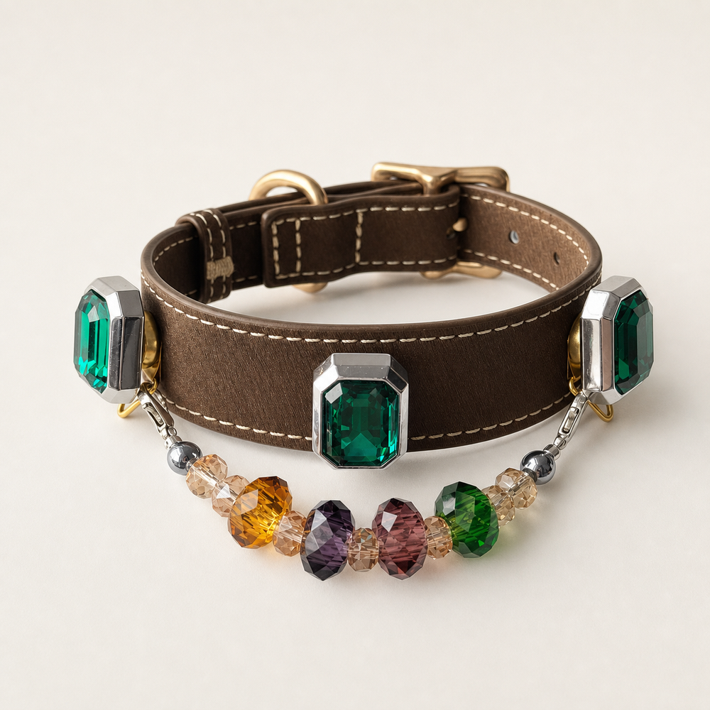 Brown dog collar with three green rectangular charms and a multicolor faceted bead strand