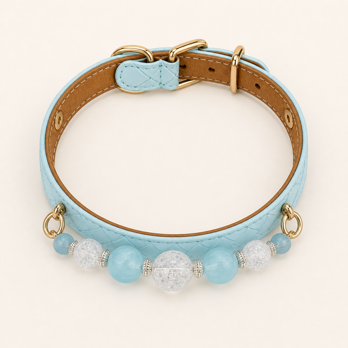 Overhead view of aqua basketweave collar with brown lining and seven-bead strand