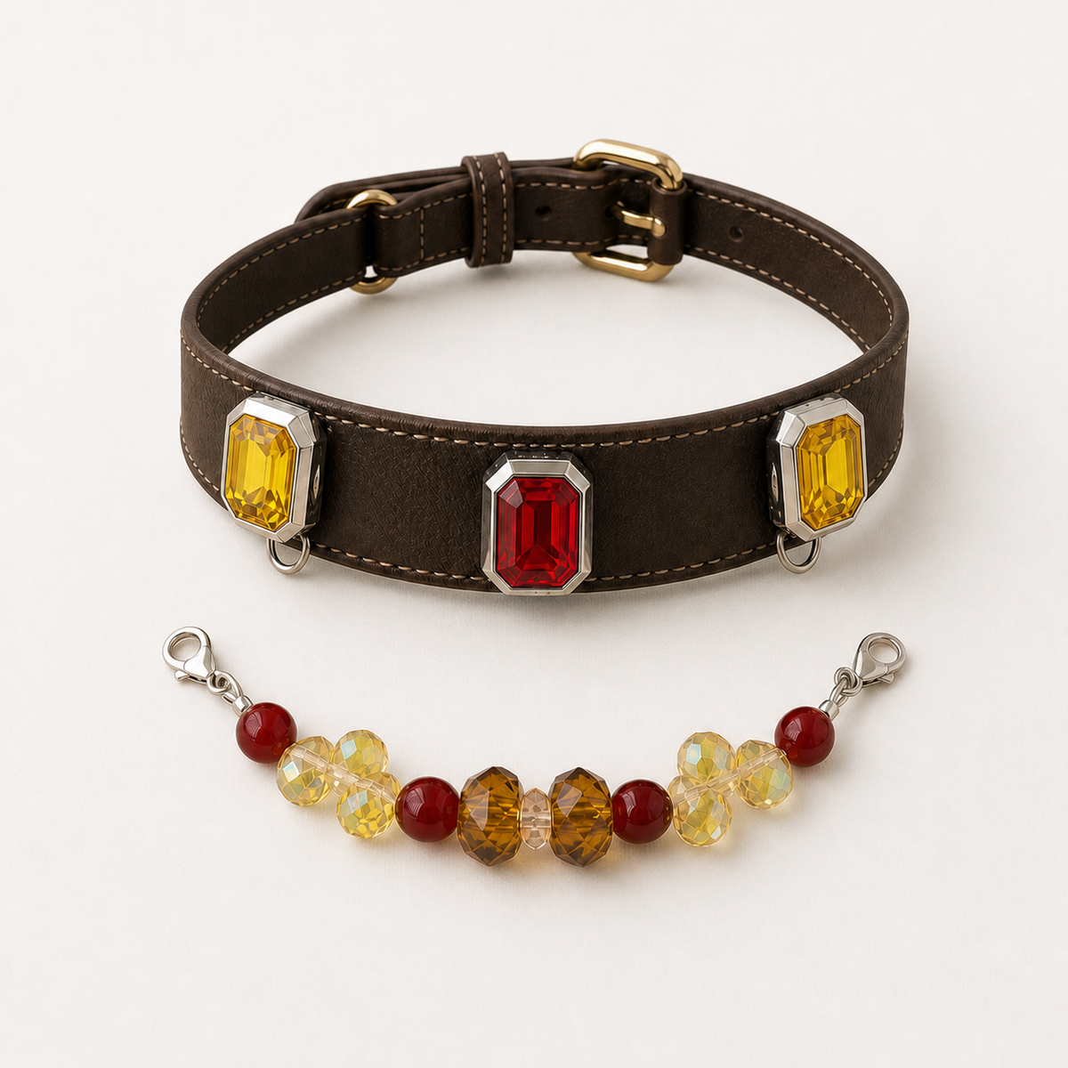 Brown collar with red and yellow charms shown beside its detachable bead strand