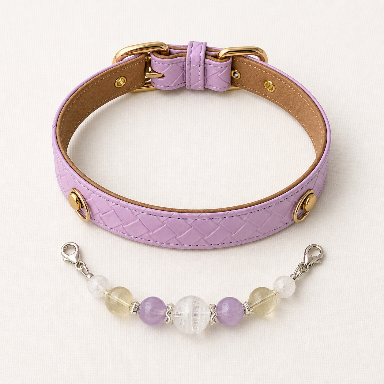 Lavender basketweave collar shown with the seven-bead crystal strand detached
