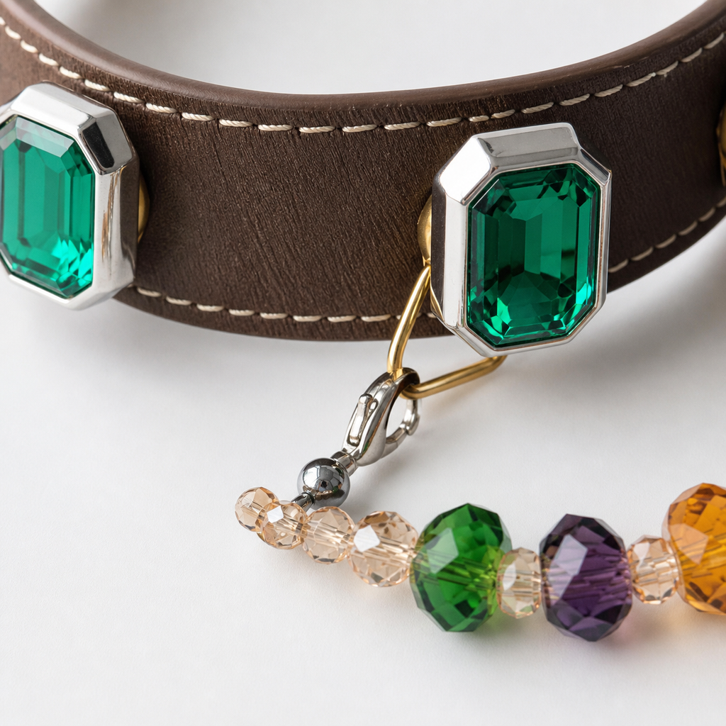 Close-up of green crystal charms, silver-tone frames and lobster clasp on brown collar