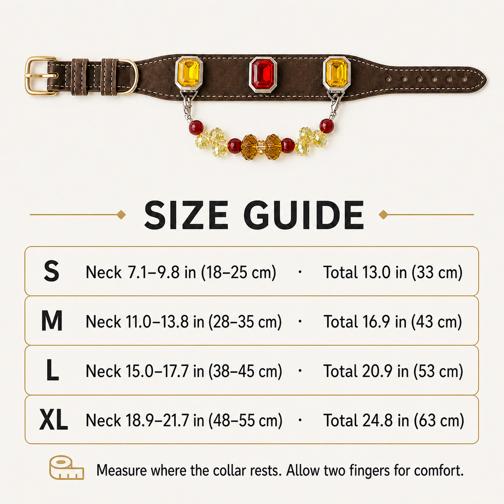 Red and yellow crystal dog collar size guide for S to XL neck measurements
