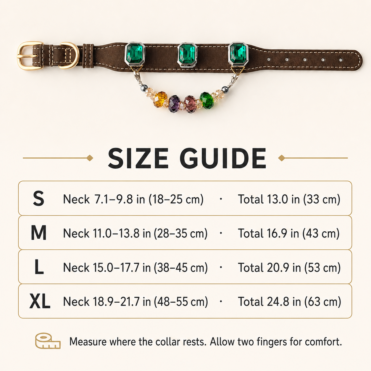Green crystal dog collar size guide for S to XL neck measurements