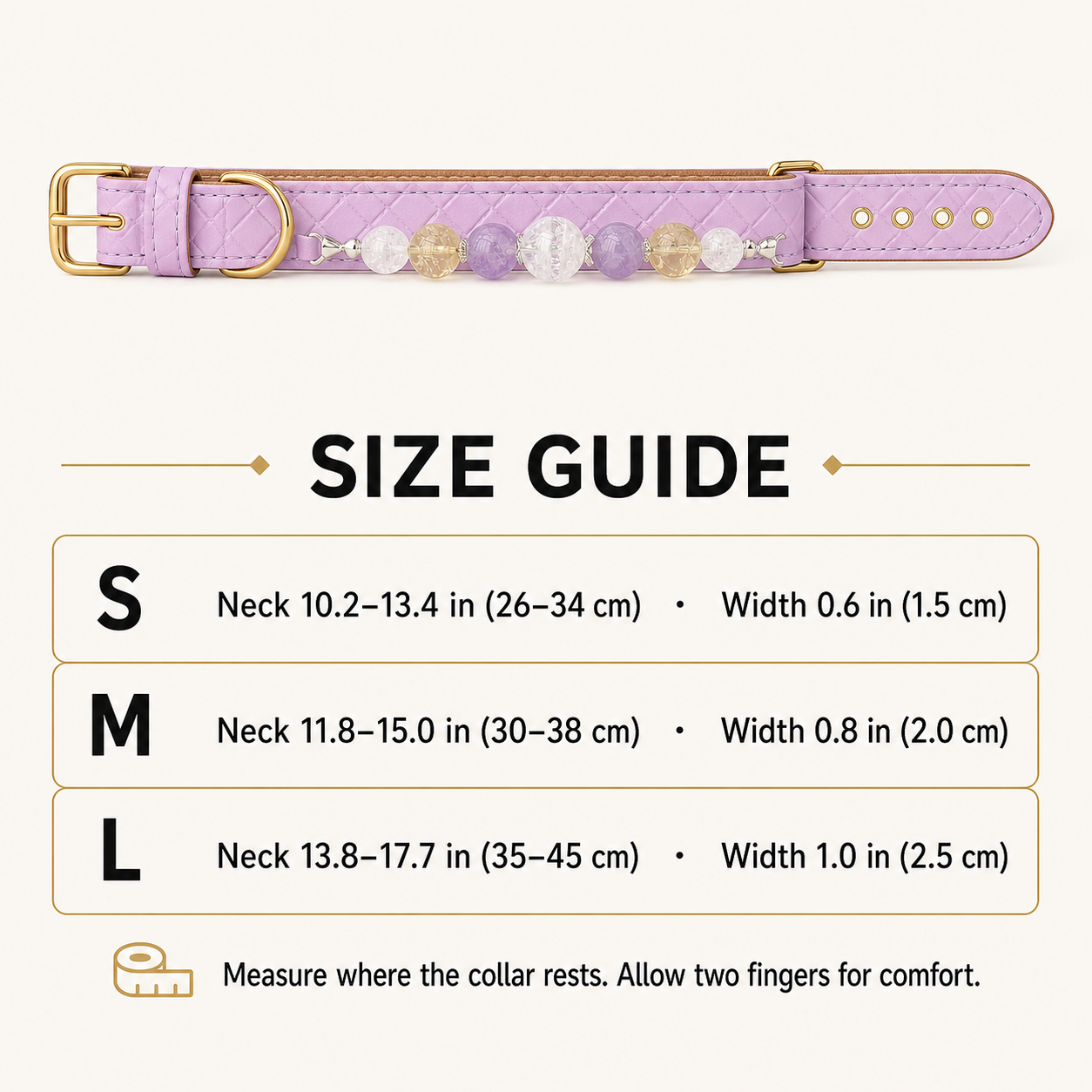 Lavender pet collar size guide for S to L neck and width measurements