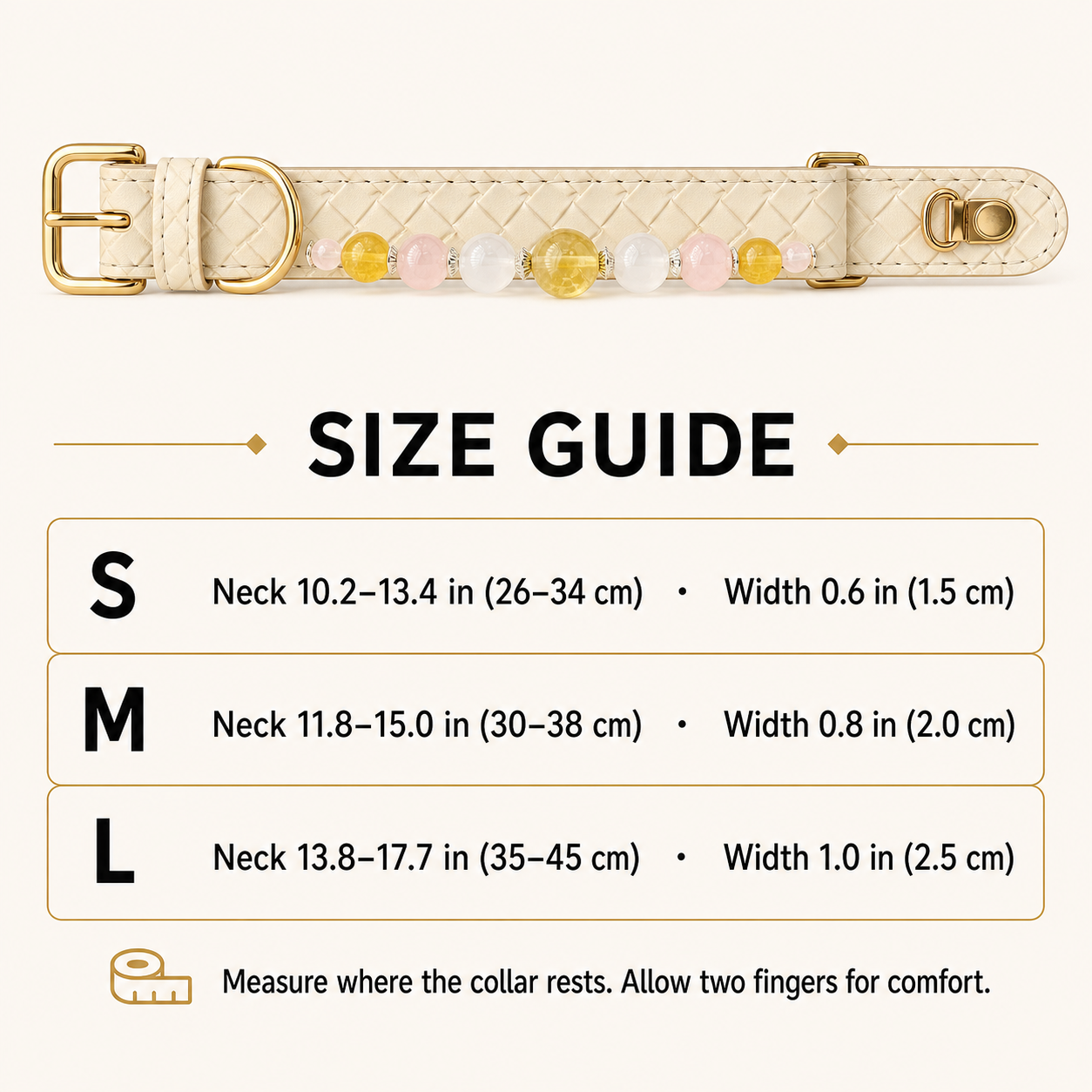 Ivory dog collar size guide for S–L neck ranges and collar widths