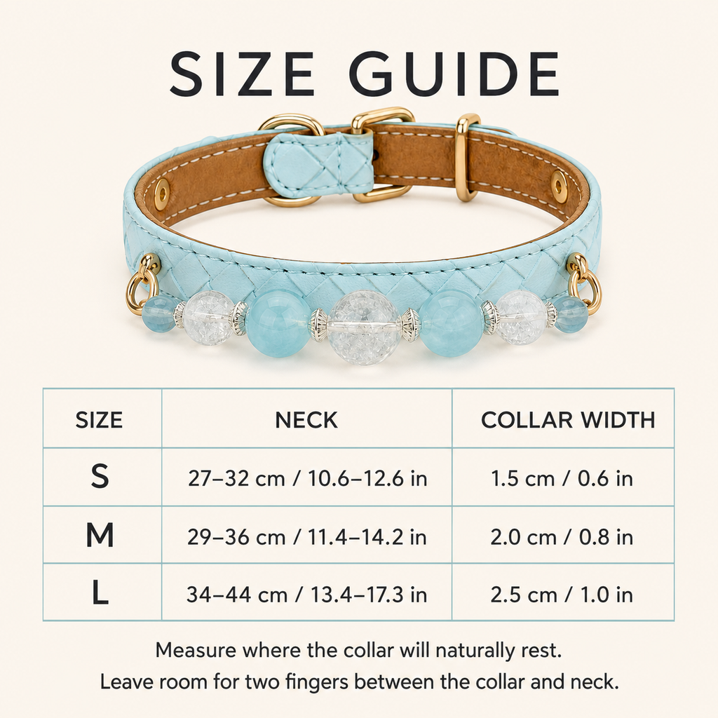 Aqua beaded dog collar size guide for S to L neck and width measurements