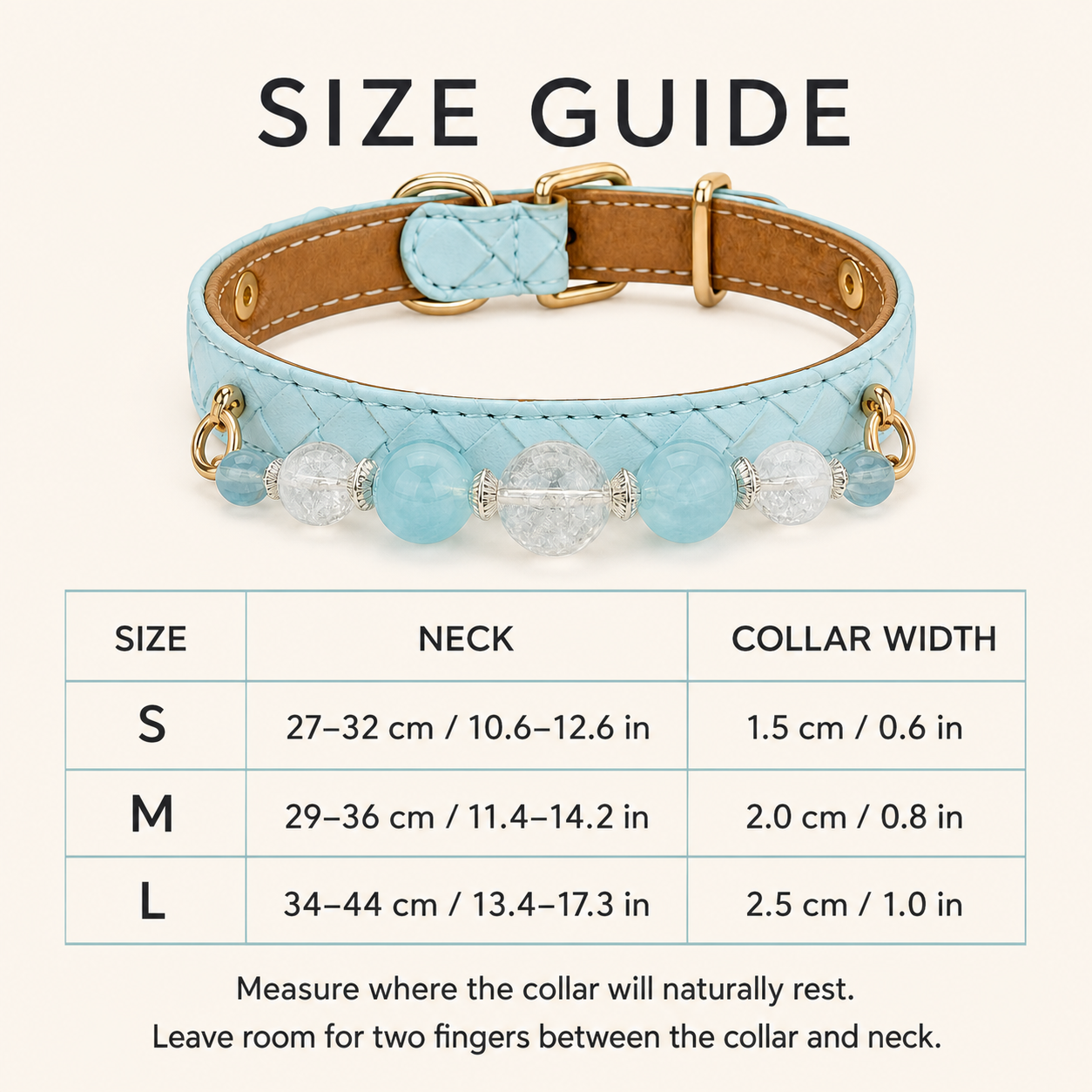 Aqua beaded dog collar size guide for S to L neck and width measurements
