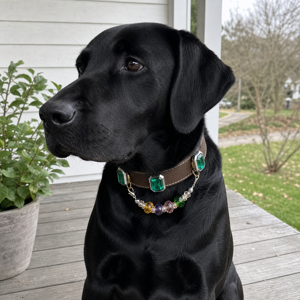 Black dog wearing a brown collar with green charms and multicolor bead strand outdoors