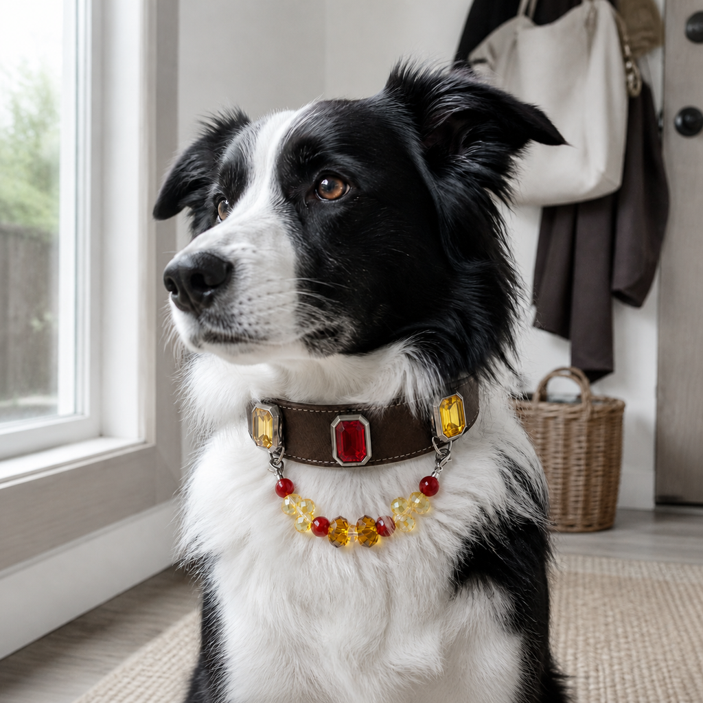 Black and white Border Collie wearing a brown red and yellow charm collar indoors