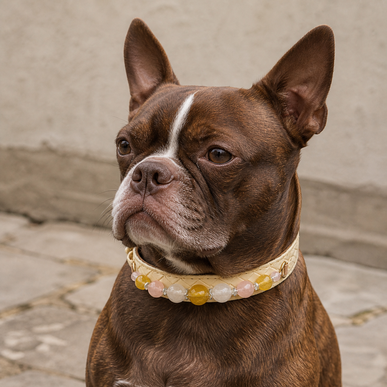 Brown-and-white dog wearing an ivory basketweave collar with pastel beads outdoors
