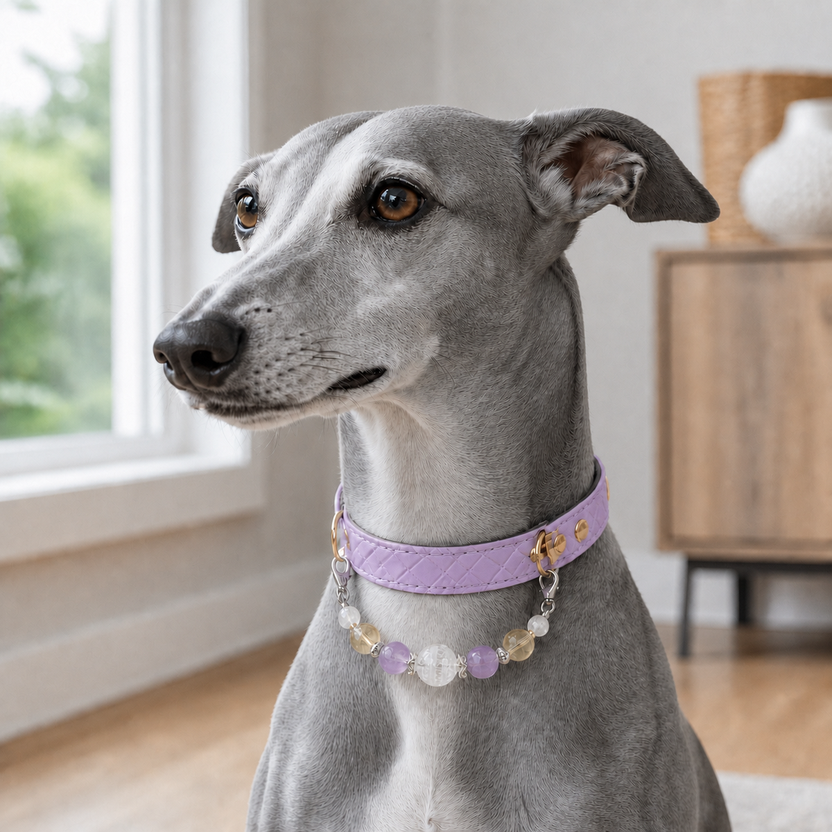 Grey and white Whippet wearing a lavender collar with crystal bead strand indoors