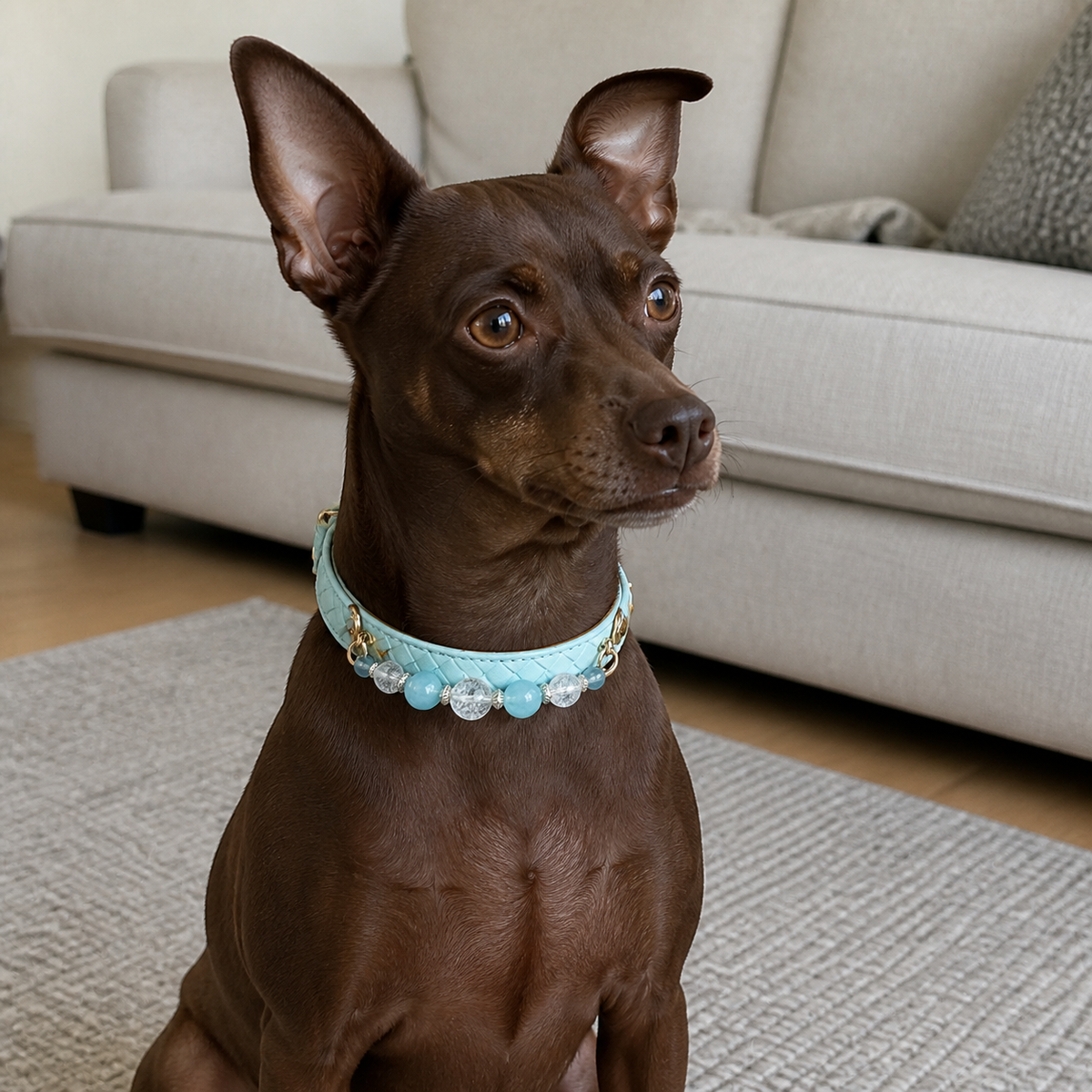 Small brown dog wearing an aqua basketweave collar with blue and clear beads indoors