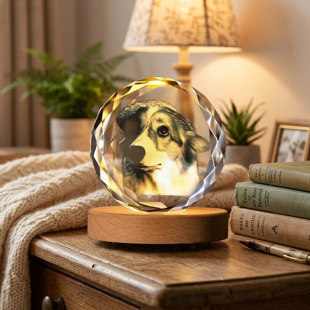Personalized Crystal Pet Photo Night Light | Custom Heart  & Round Photo Crystal Lamp with LED Wood Base |