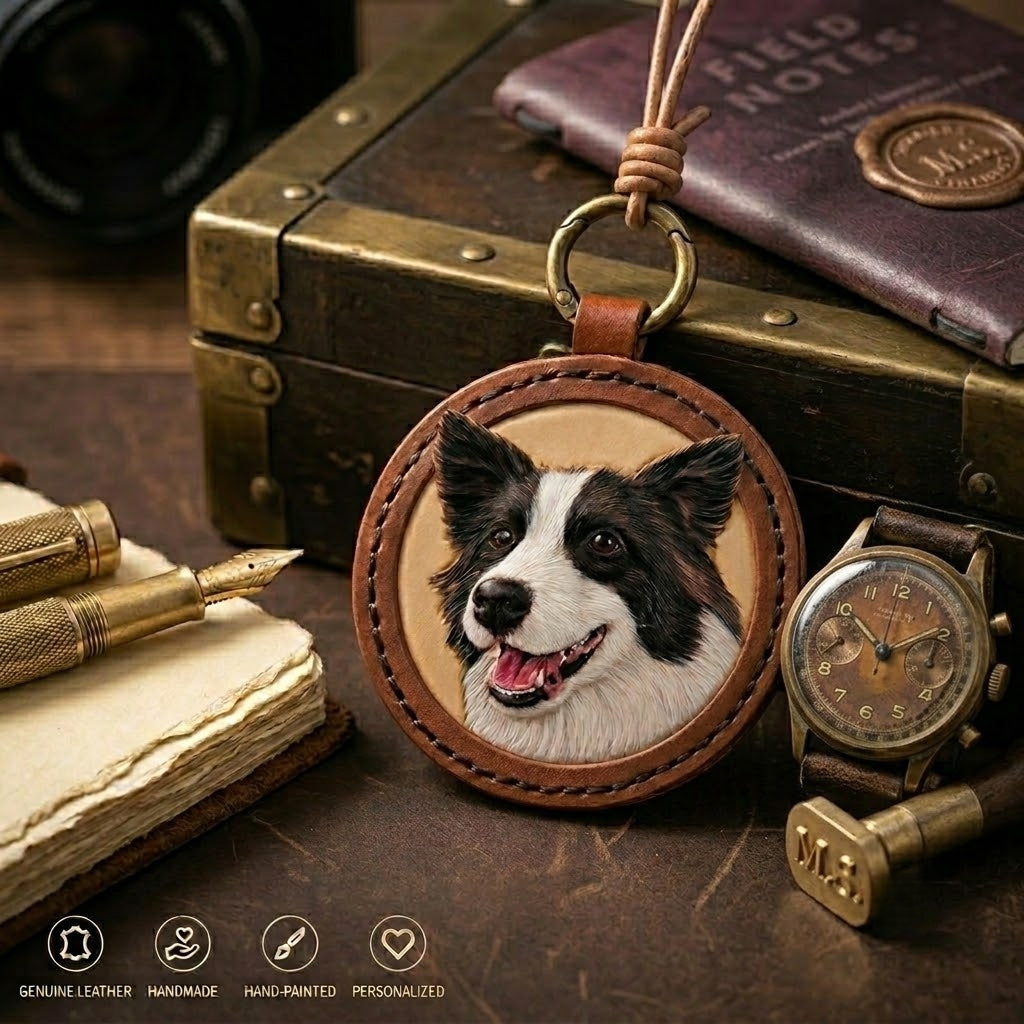 Personalized Leather Pet Portrait Keychain | Custom Hand-Embossed Pet Memorial Key Ring