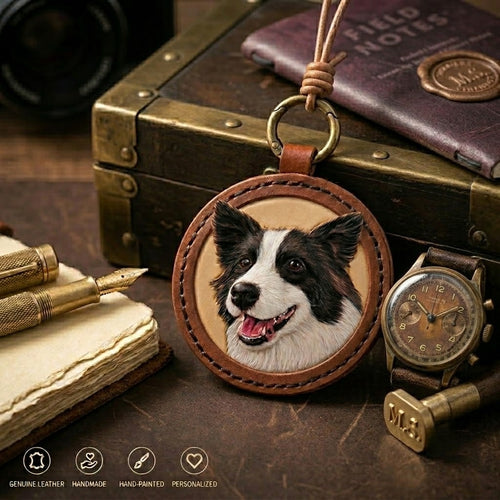 Personalized Leather Pet Portrait Keychain | Custom Hand-Embossed Pet Memorial Key Ring