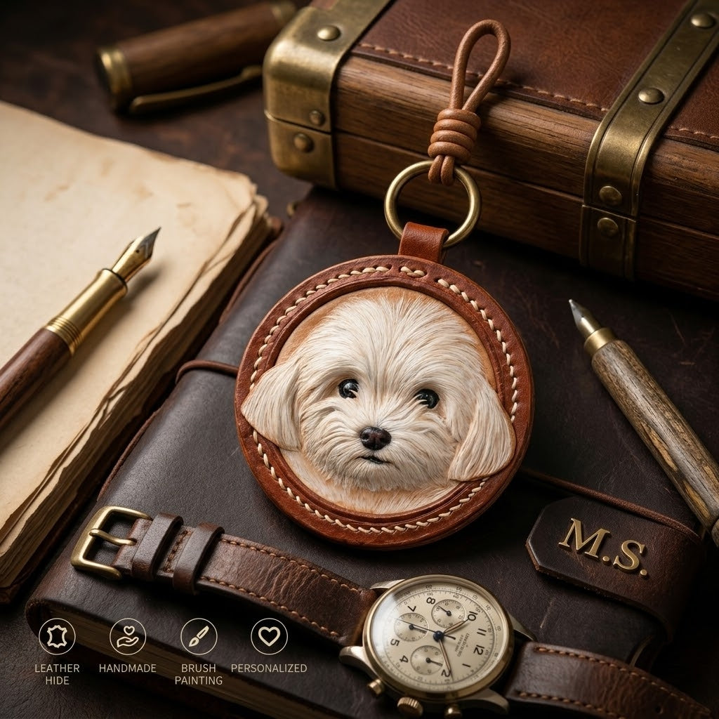 Personalized Leather Pet Portrait Keychain | Custom Hand-Embossed Pet Memorial Key Ring