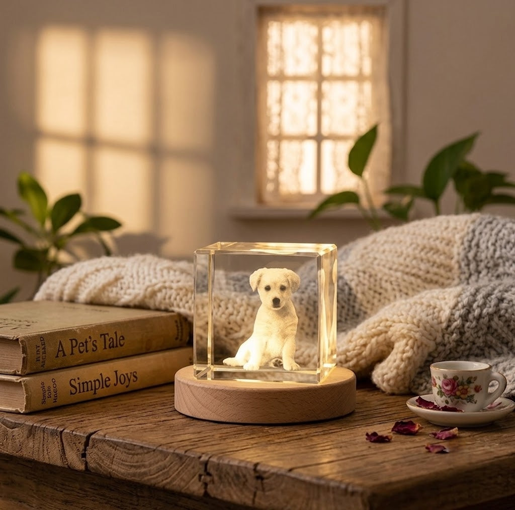 Personalized Crystal Pet Photo Night Light | Custom Heart  & Round Photo Crystal Lamp with LED Wood Base |