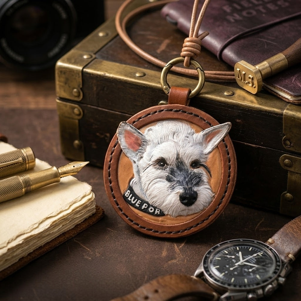 Custom Pet Portrait Leather Keychain