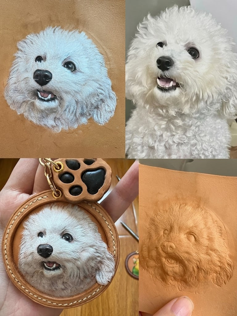 Personalized Leather Pet Portrait Keychain | Custom Hand-Embossed Pet Memorial Key Ring